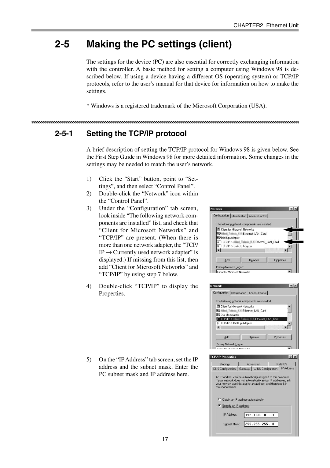 Yamaha SRCX, ERCX, DRCX, SRCD user manual Making the PC settings client, Setting the TCP/IP protocol 