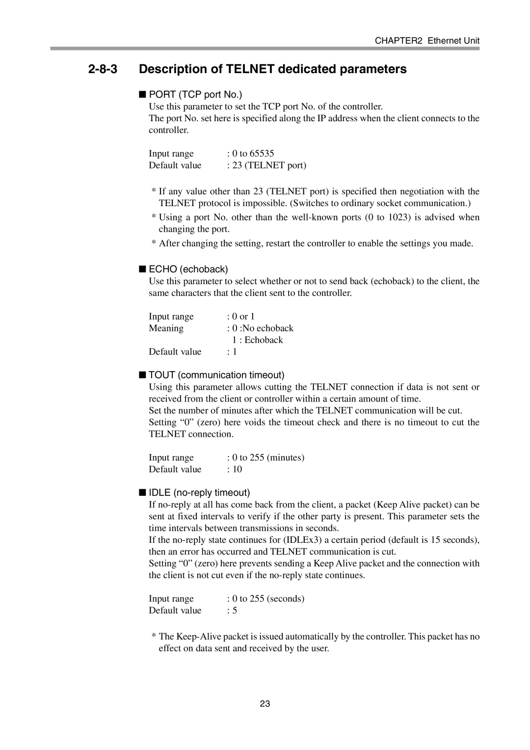 Yamaha DRCX, ERCX Description of Telnet dedicated parameters, Port TCP port No, Echo echoback, Tout communication timeout 