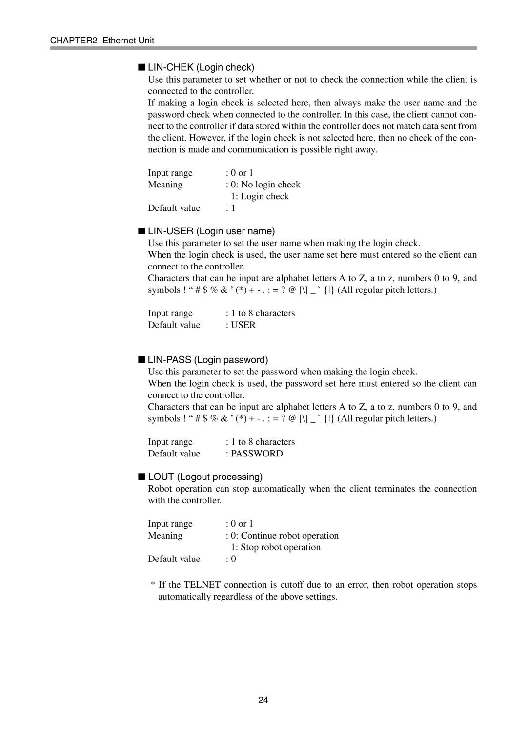 Yamaha SRCD, ERCX, DRCX LIN-CHEK Login check, LIN-USER Login user name, LIN-PASS Login password, Lout Logout processing 