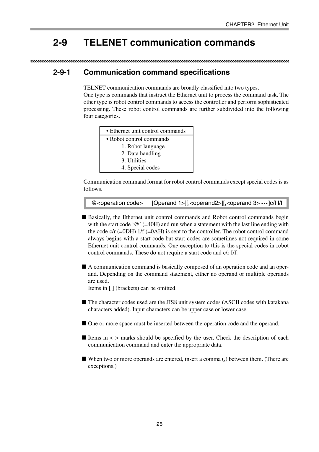 Yamaha SRCX, ERCX, DRCX, SRCD user manual Telenet communication commands, Communication command specifications 