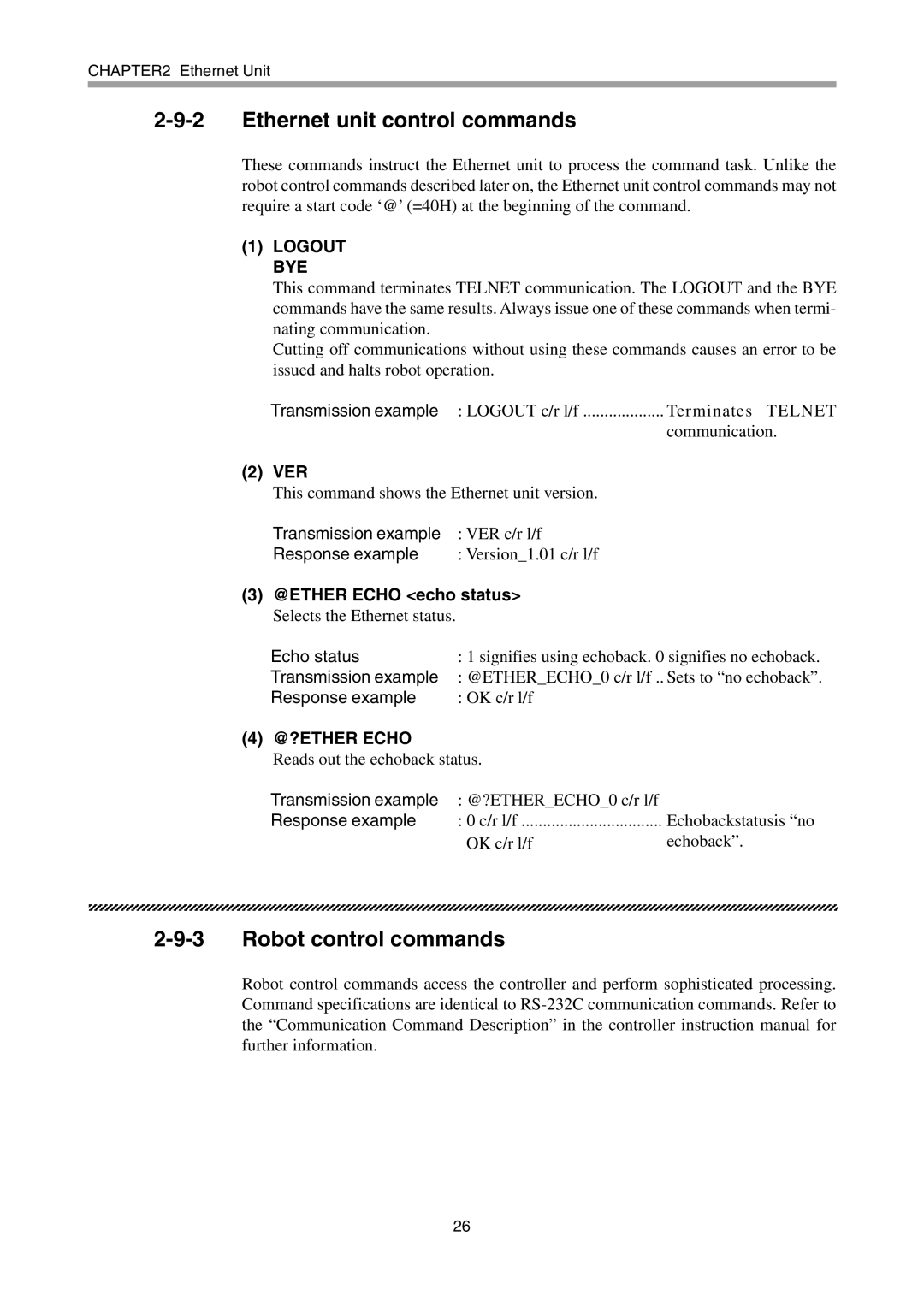 Yamaha ERCX Ethernet unit control commands, Robot control commands, Transmission example, Response example, Echo status 