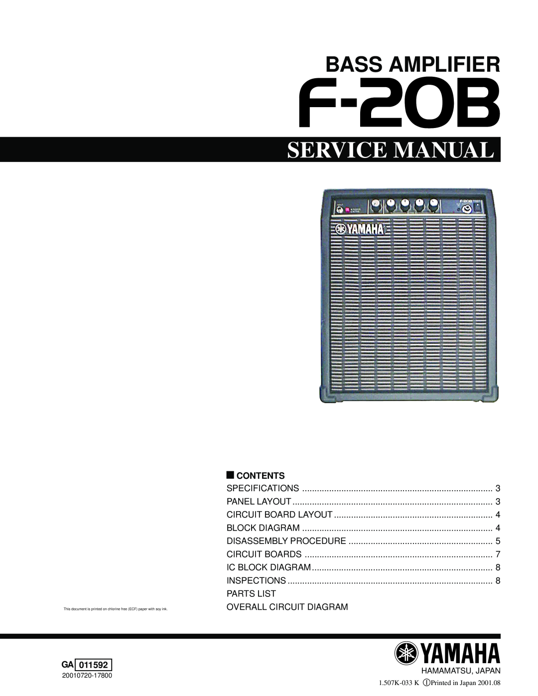 Yamaha Bass Amplifier, F-20B service manual Contents 