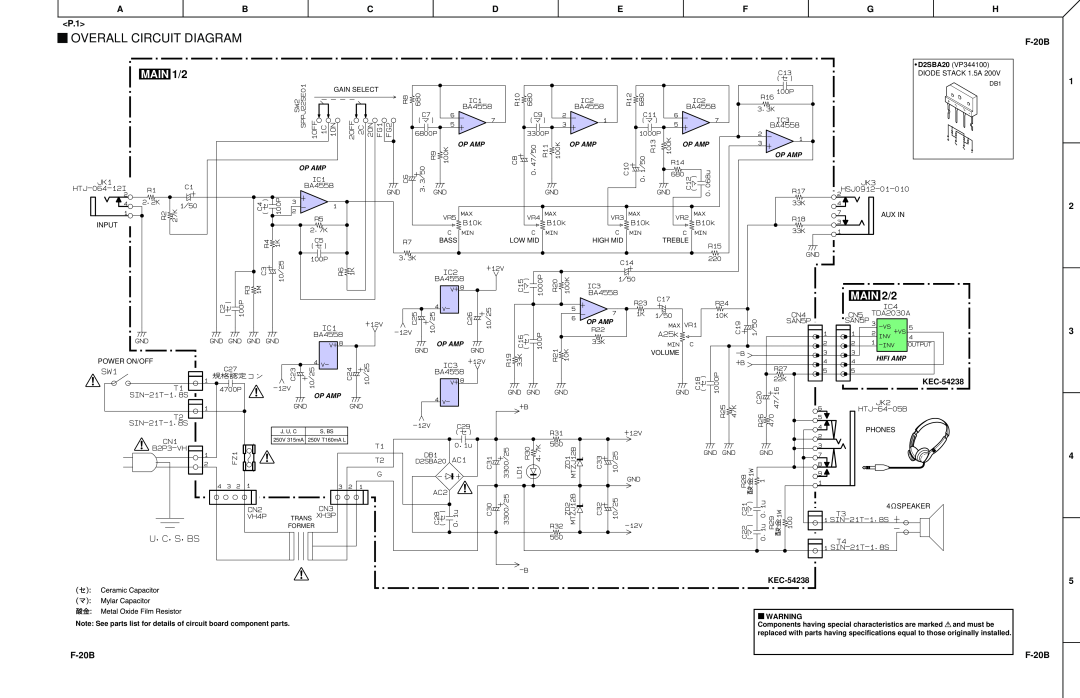 Yamaha Overall Circuit Diagram, ABCDEFG P.1, 5 F-20B, MAIN 1/2, MAIN 2/2, KEC-54238, Op Amp Op Amp, Hifi Amp, S, Bs 