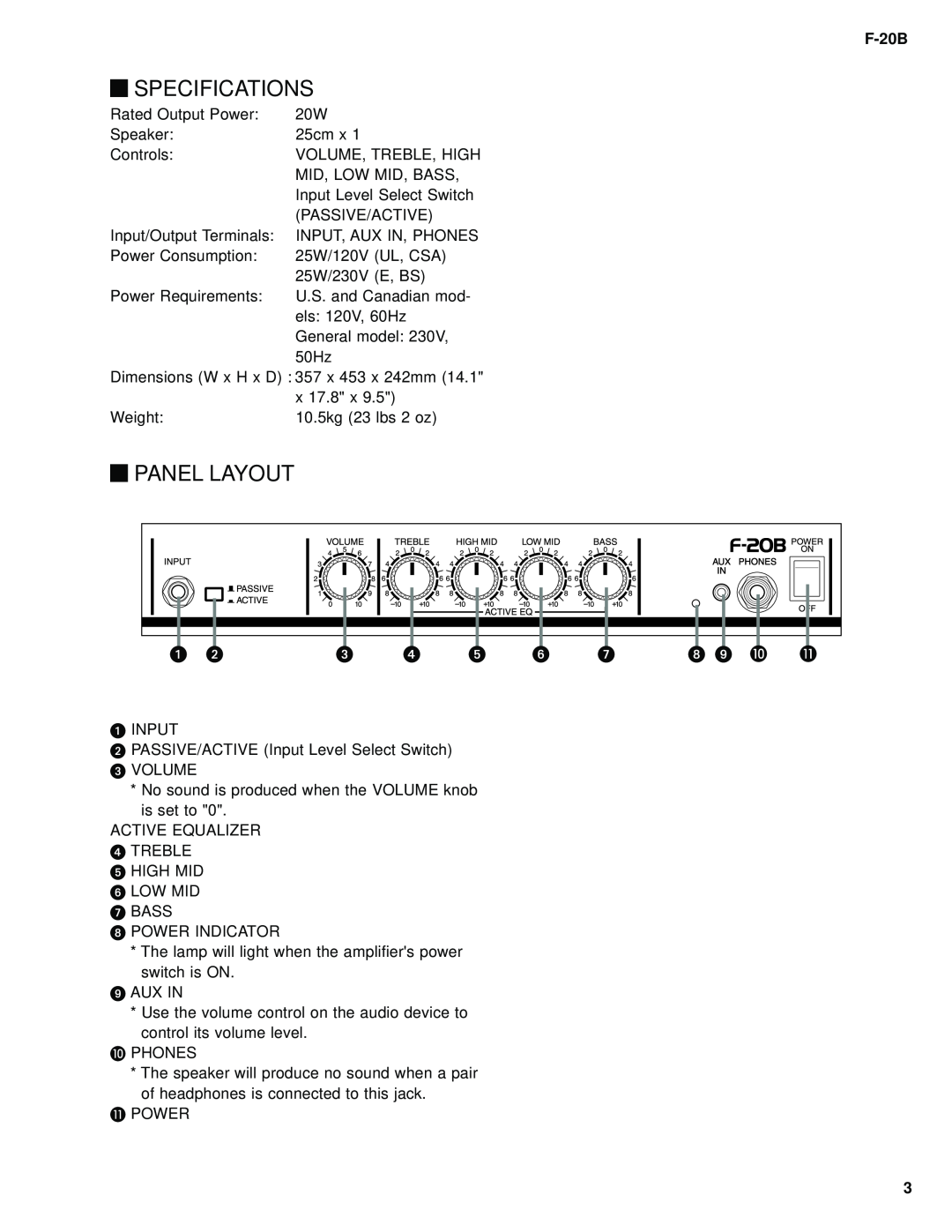 Yamaha Bass Amplifier service manual Specifications, Panel Layout, F-20B 