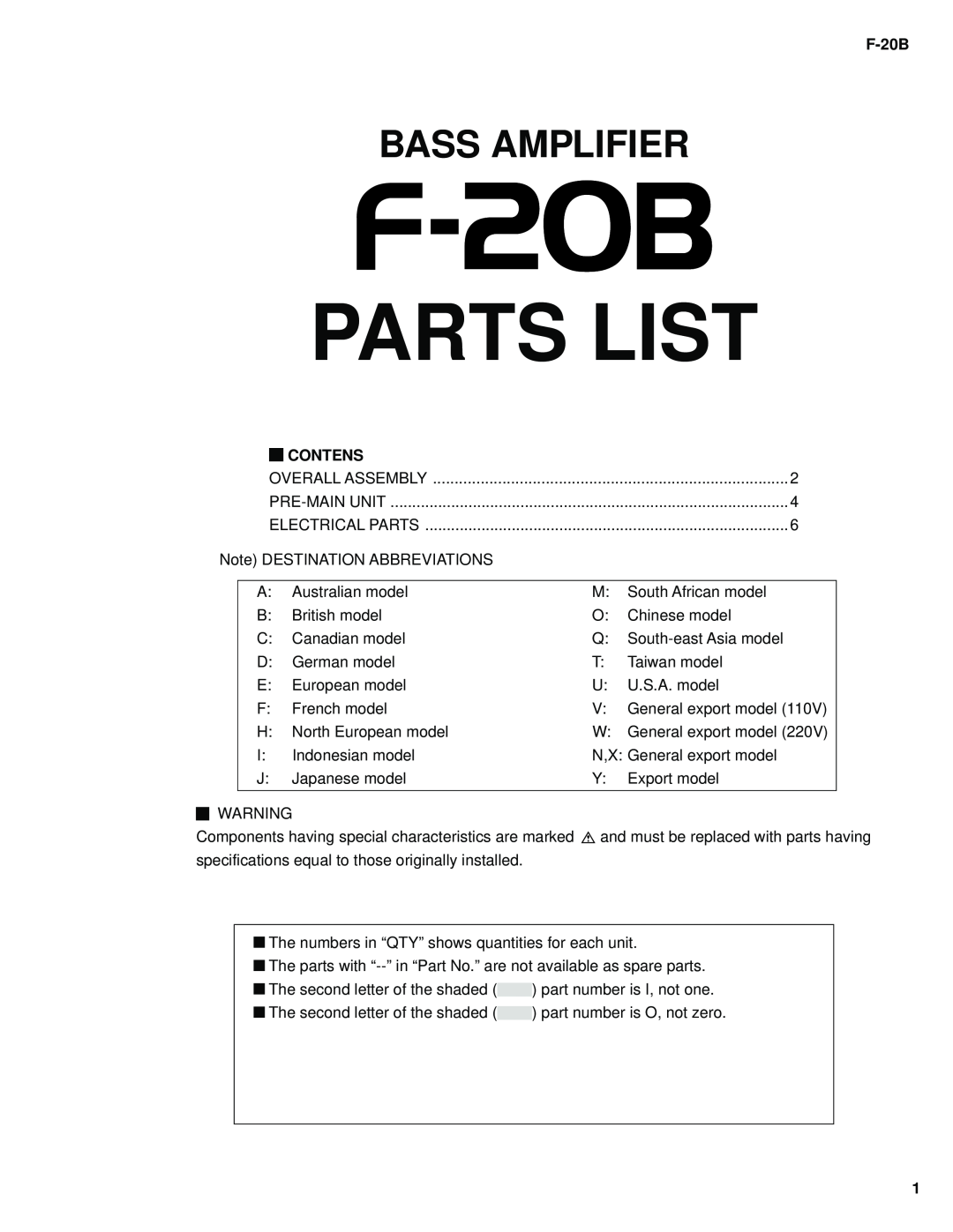 Yamaha Bass Amplifier service manual Contens, Parts List, F-20B 