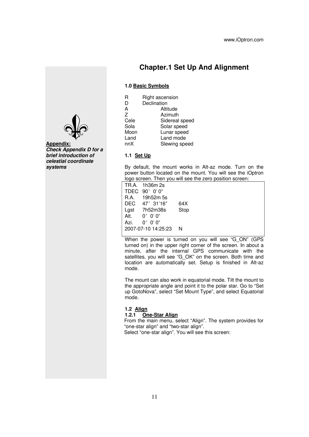 Yamaha G SERIES manual Chapter.1 Set Up And Alignment, Basic Symbols, Appendix, Align One-Star Align 