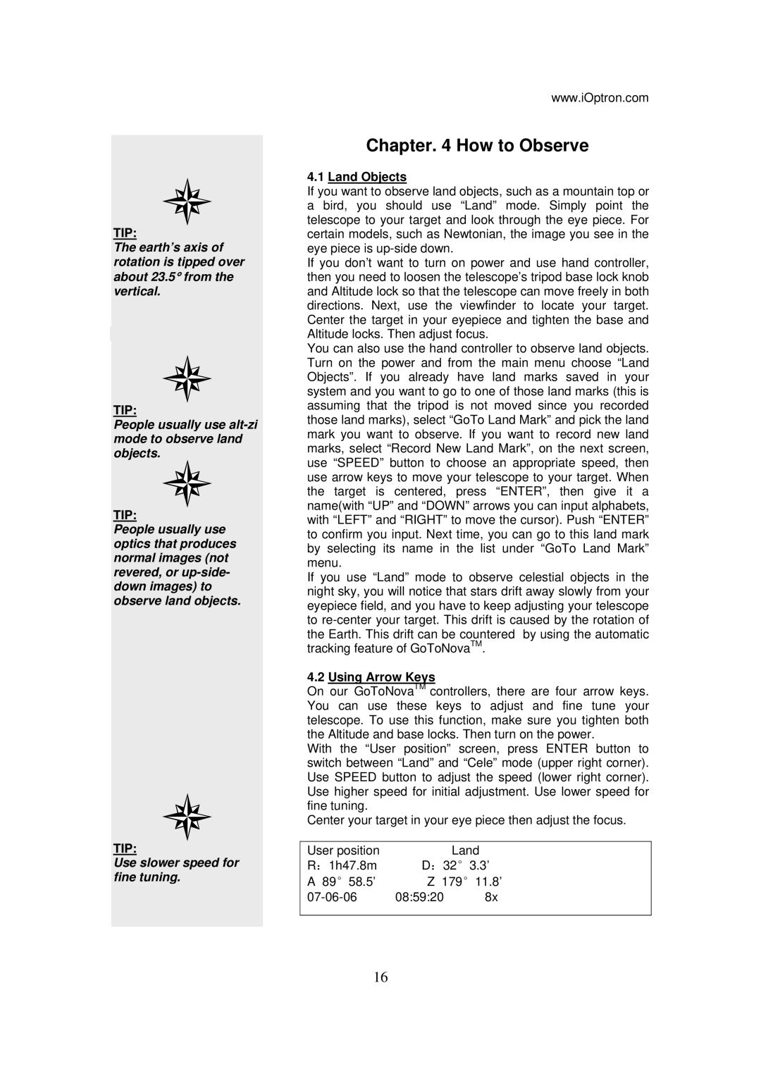 Yamaha G SERIES manual Chapter How to Observe, Land Objects, Using Arrow Keys 