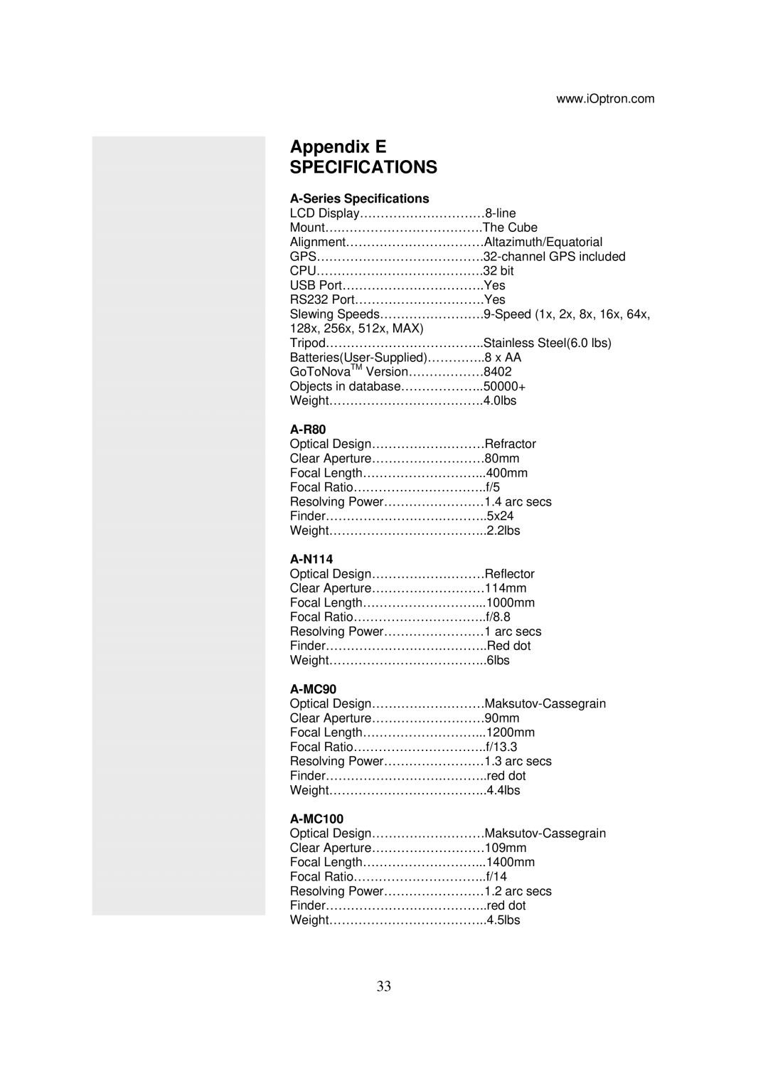 Yamaha G SERIES manual Appendix E, Specifications 