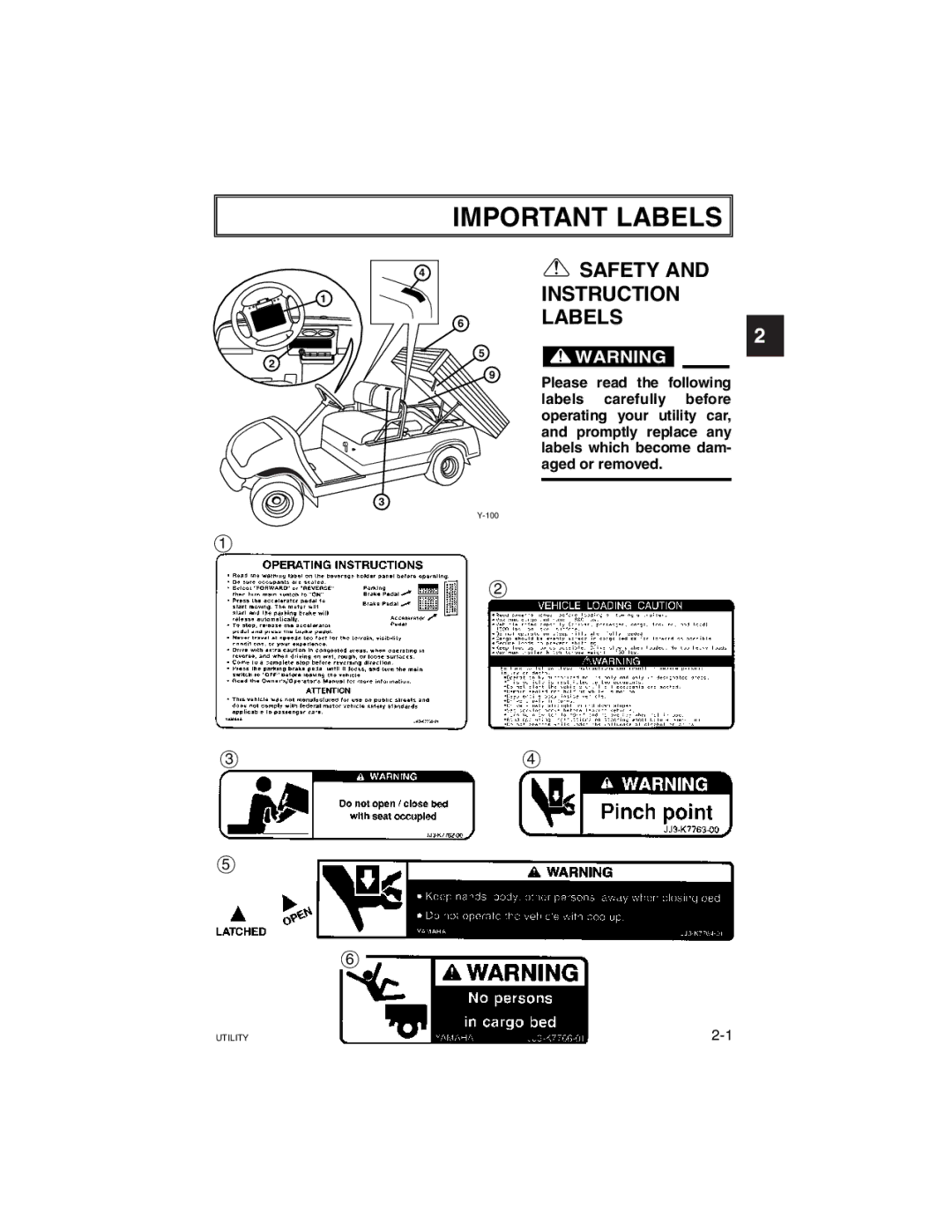 Yamaha G21A manual Important Labels, Safety and Instruction Labels 