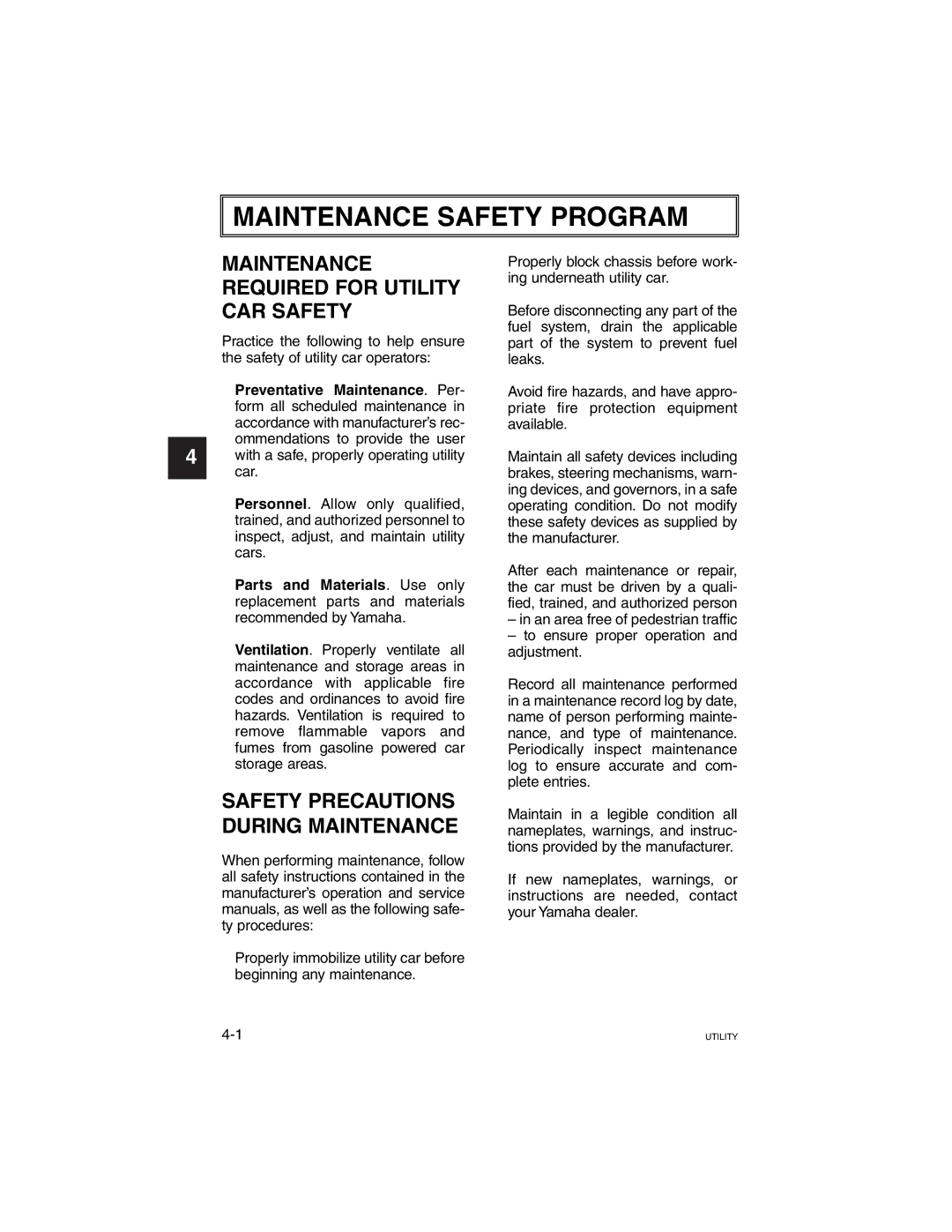 Yamaha G21A Maintenance Safety Program, Maintenance Required for Utility CAR Safety, Safety Precautions During Maintenance 