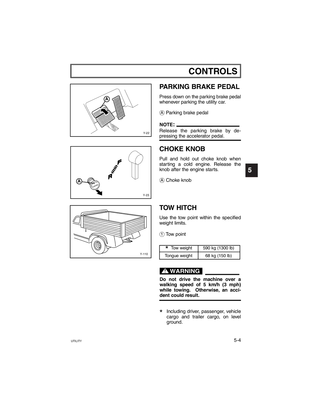 Yamaha G21A manual Parking Brake Pedal, Choke Knob, TOW Hitch, Press down on the parking brake pedal 