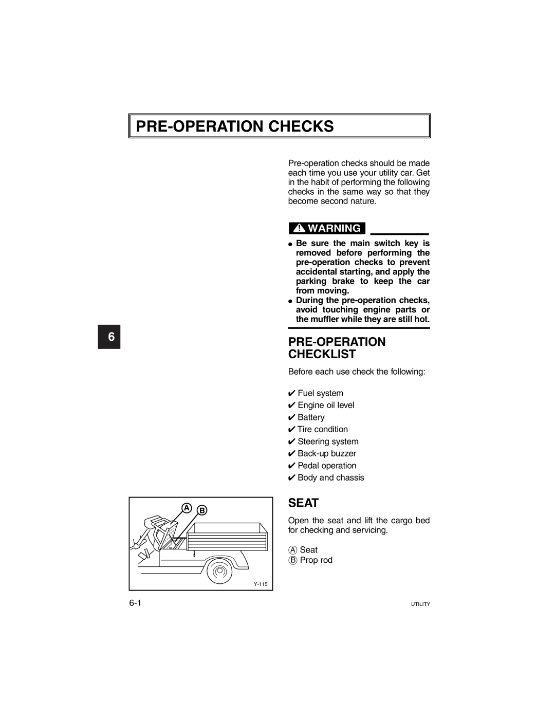 Yamaha G21A manual PRE-OPERATION Checks, PRE-OPERATION Checklist, Seat 