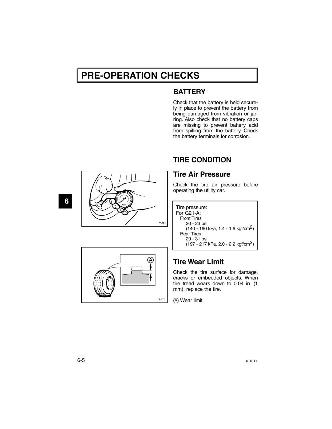 Yamaha G21A manual Battery, Tire Condition, Tire Air Pressure, Tire Wear Limit 