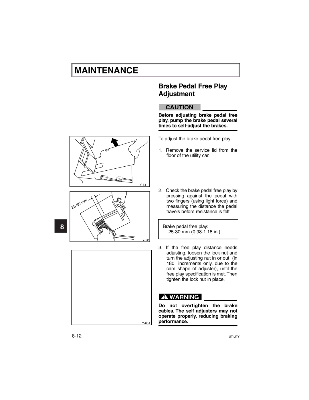 Yamaha G21A manual Brake Pedal Free Play Adjustment, Brake pedal free play 25-30 mm 0.98-1.18 