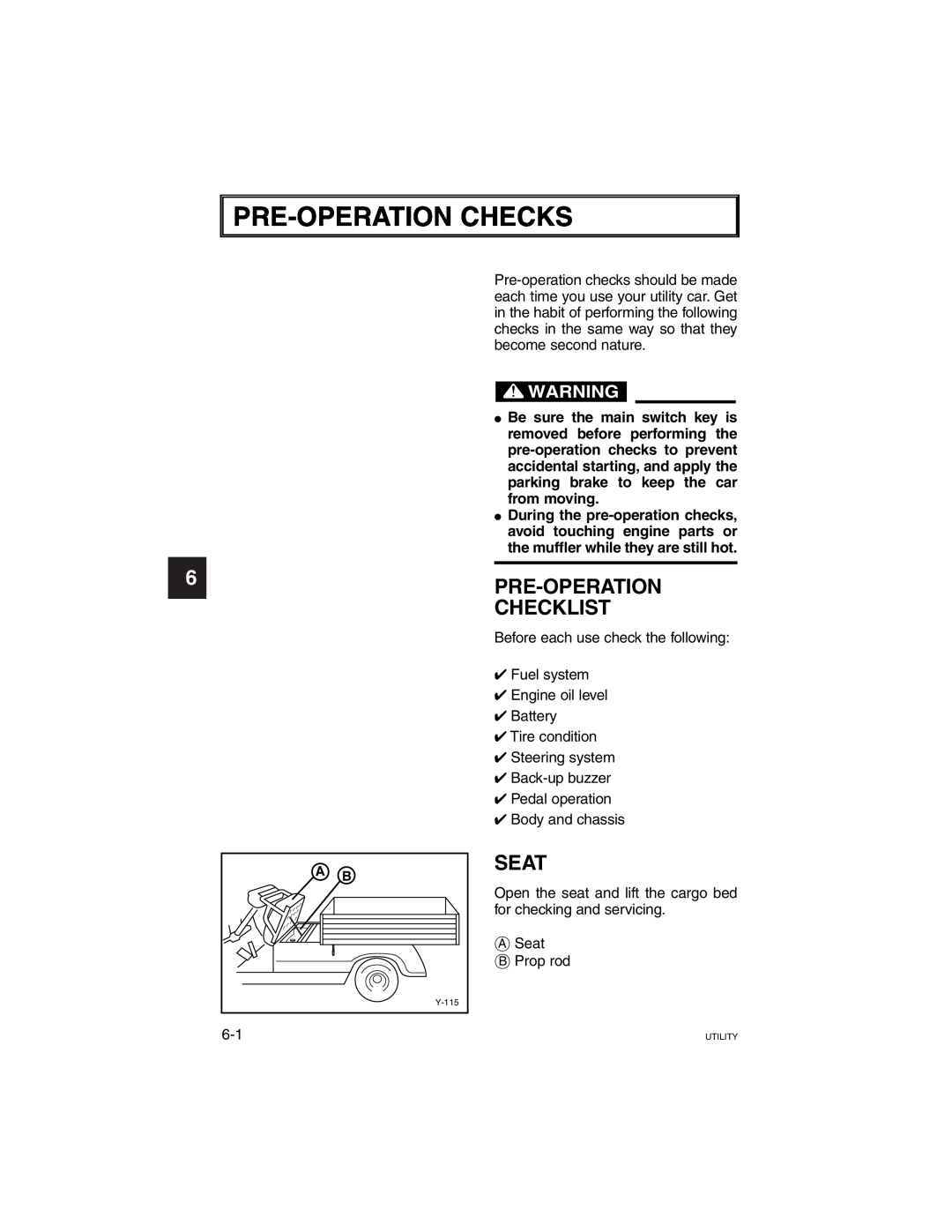 Yamaha G21A manual Pre-Operationchecks, Pre-Operation Checklist, Seat 