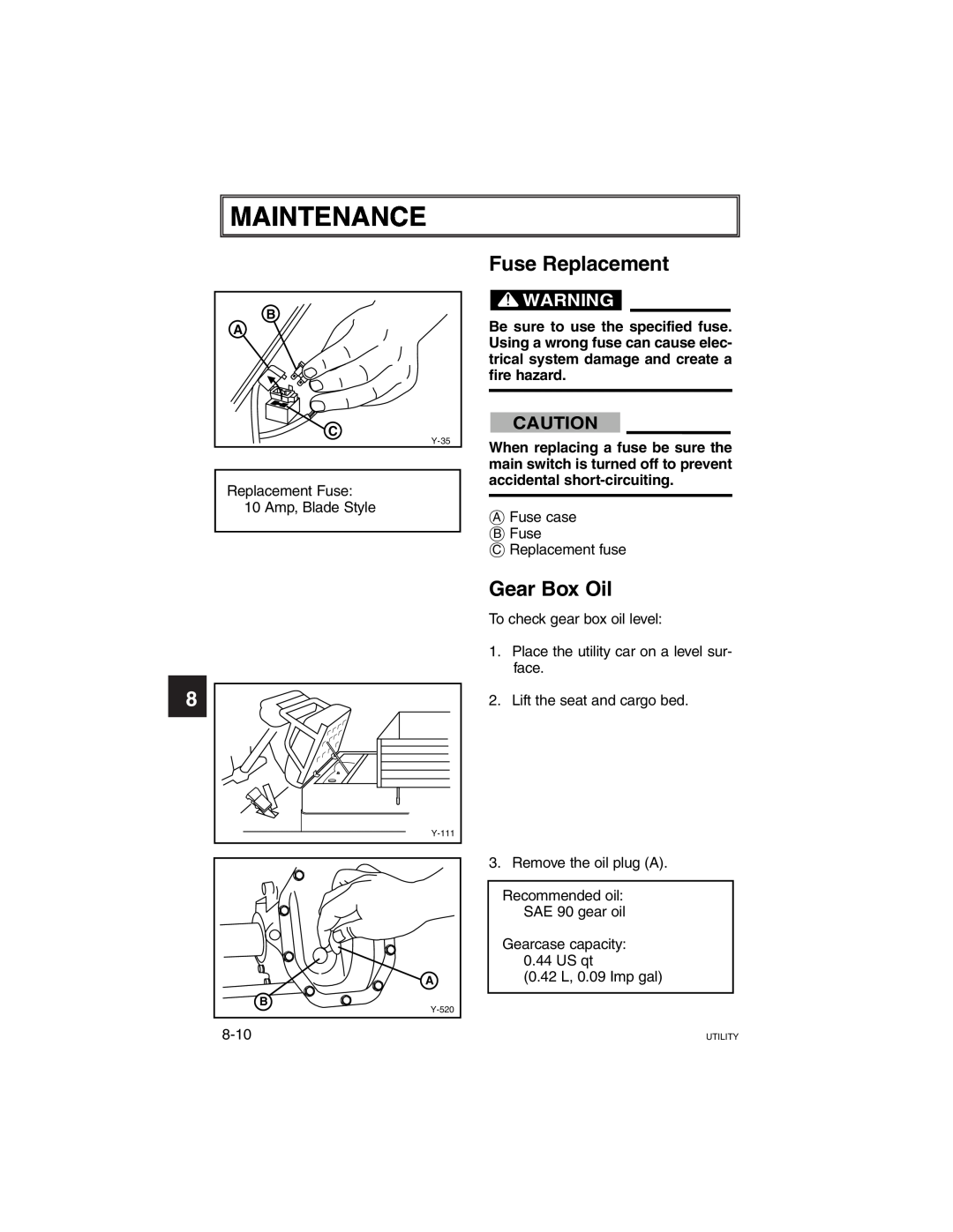 Yamaha G21A manual Maintenance, Fuse Replacement, Gear Box Oil, 8-10 