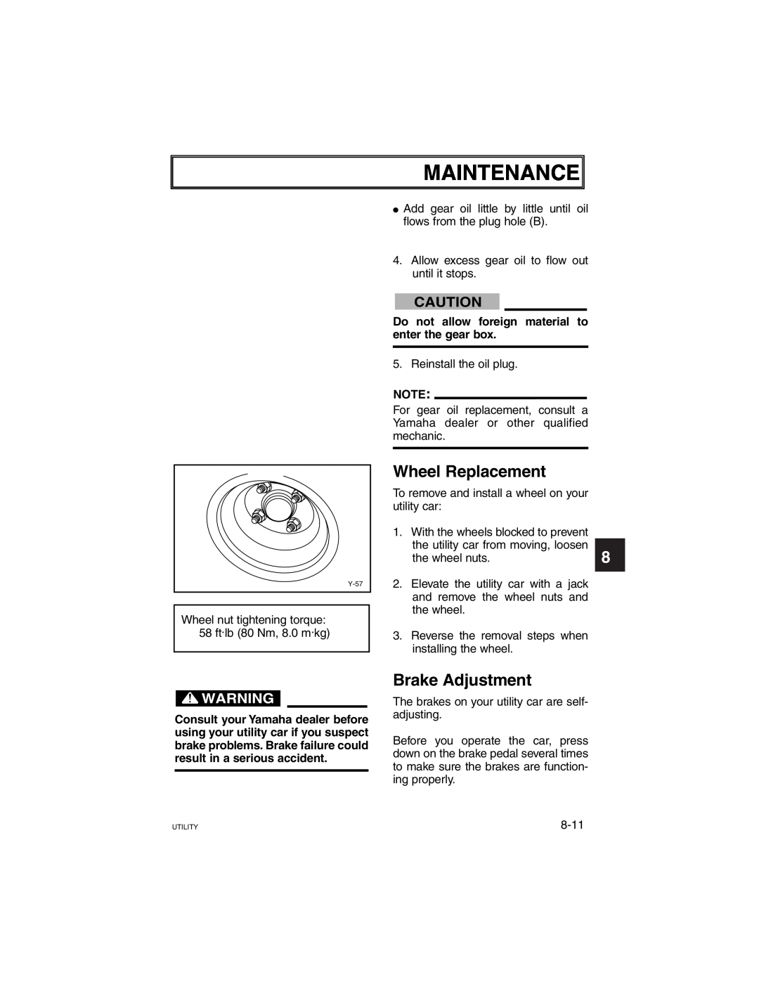 Yamaha G21A manual Maintenance, 1 2 3, Wheel Replacement, Brake Adjustment 