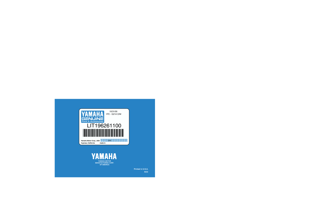 Yamaha manual LIT196261100, 10/31/00 1PC - G21A O/M, Yamaha Motor Corp., USA USA, Cypress, California, made in 