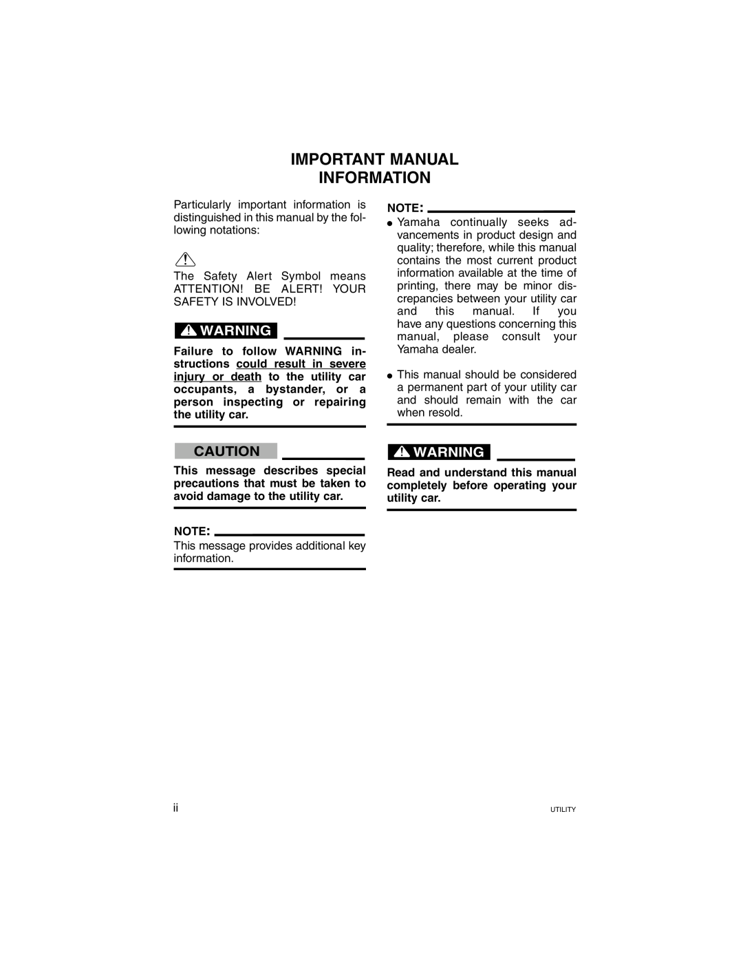 Yamaha G21A manual Important Manual Information 
