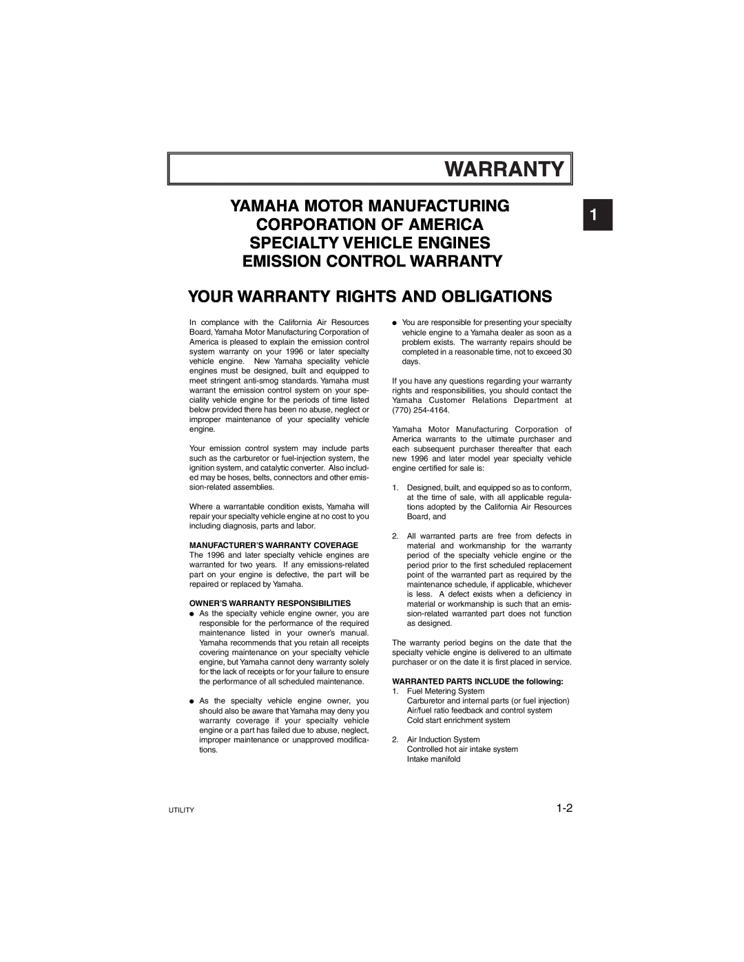 Yamaha G21A manual 4 5 6, Warranty, Yamaha Motor Manufacturing Corporation Of America, Specialty Vehicle Engines 