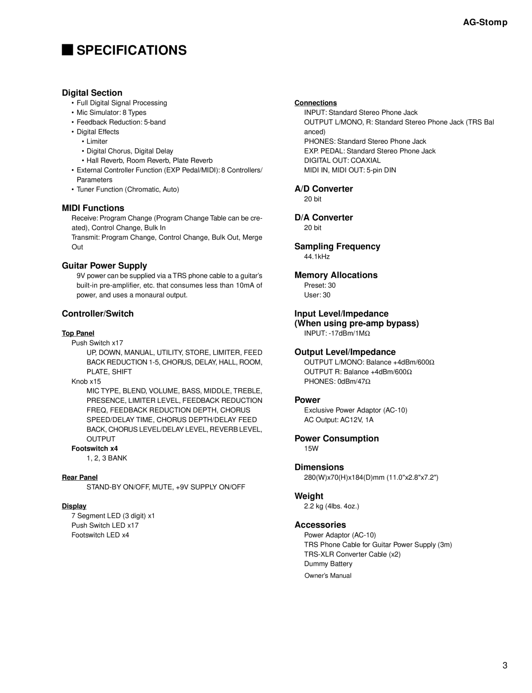 Yamaha GA 011589 service manual Specifications, Digital Section 