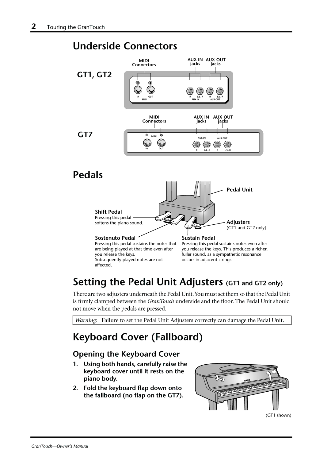 Yamaha GranTouch Underside Connectors, Pedals, Setting the Pedal Unit Adjusters GT1 and GT2 only, Keyboard Cover Fallboard 