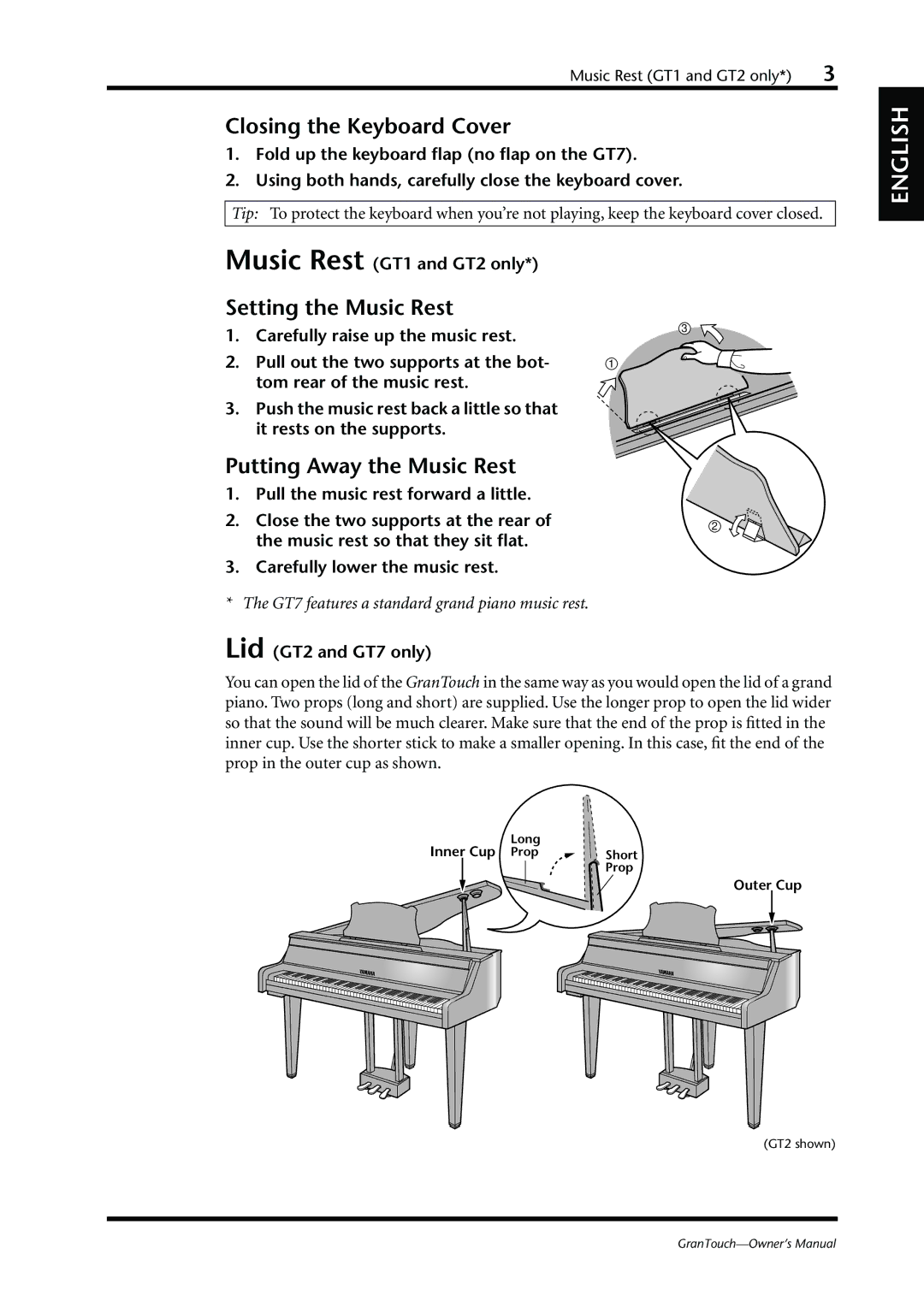 Yamaha GranTouch owner manual Closing the Keyboard Cover, Setting the Music Rest, Putting Away the Music Rest 