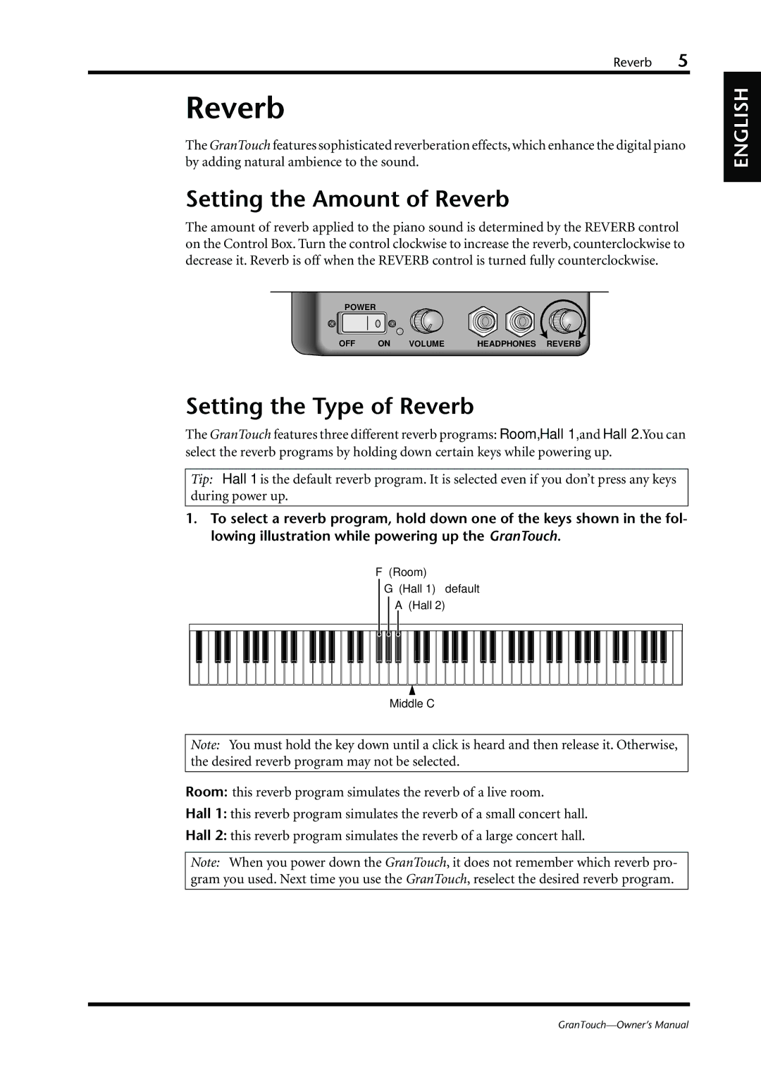 Yamaha GranTouch owner manual Setting the Amount of Reverb, Setting the Type of Reverb 