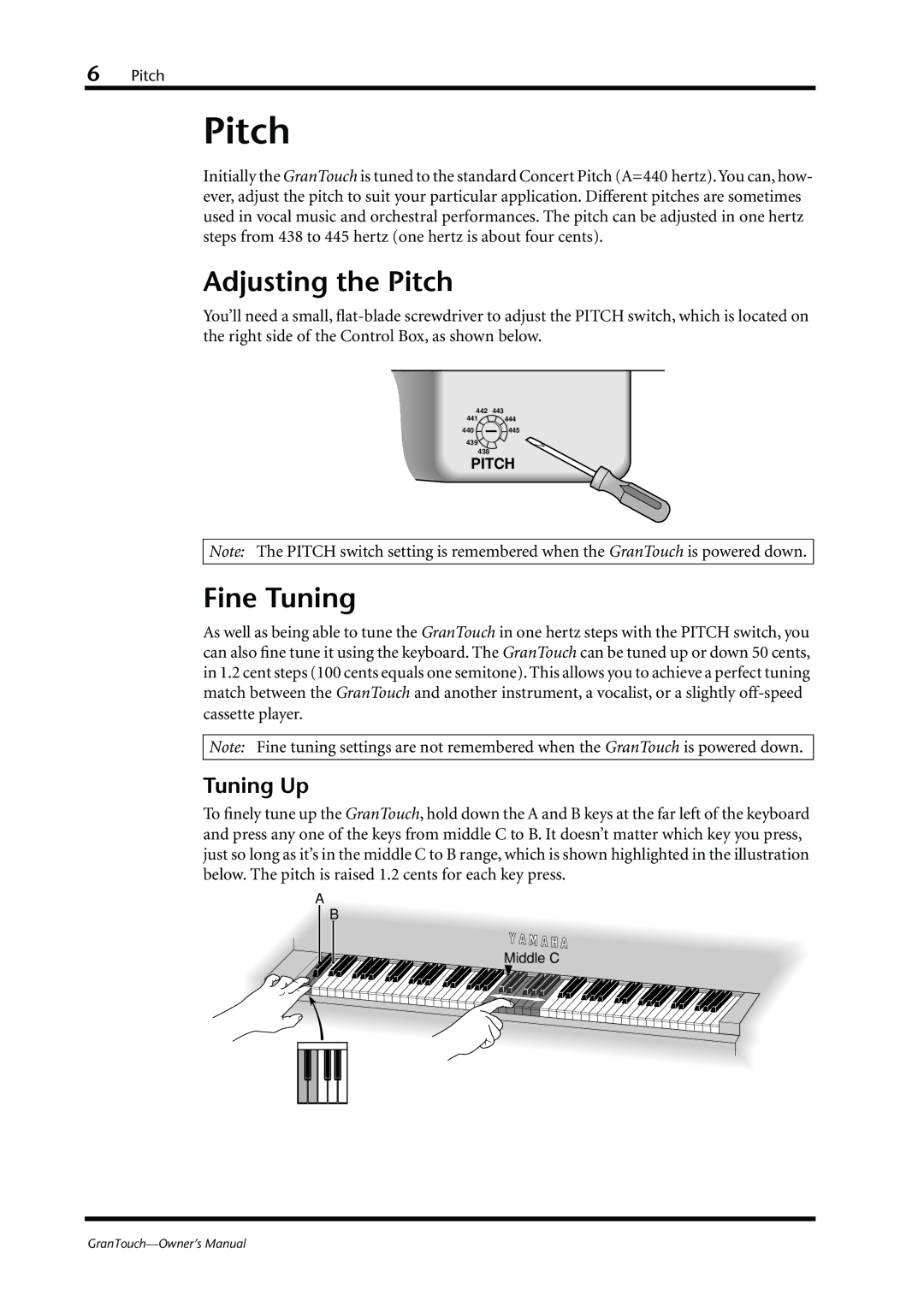 Yamaha GranTouch owner manual Adjusting the Pitch, Fine Tuning, Tuning Up 