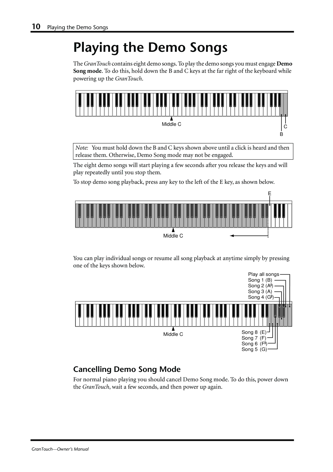 Yamaha GranTouch owner manual Playing the Demo Songs, Cancelling Demo Song Mode 