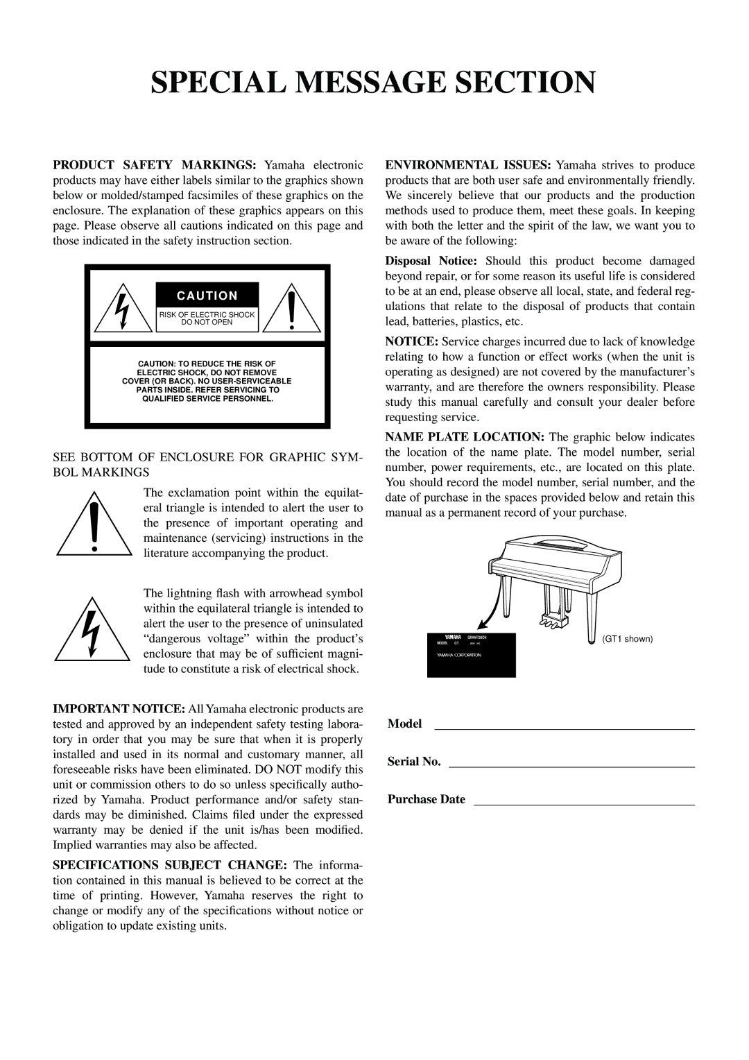 Yamaha GranTouch owner manual Special Message Section 