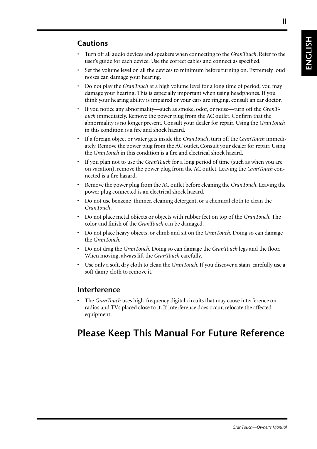 Yamaha GranTouch owner manual Please Keep This Manual For Future Reference, Interference 