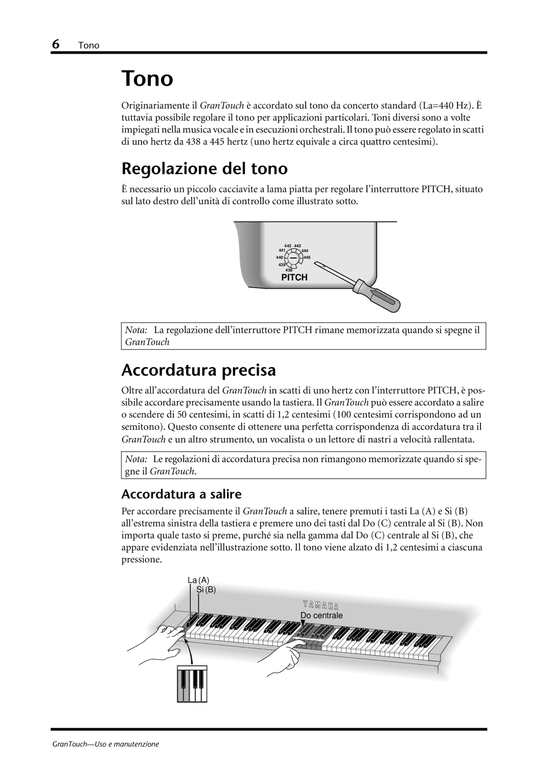 Yamaha GT7, GT1, GT2 owner manual Tono, Regolazione del tono, Accordatura precisa, Accordatura a salire 