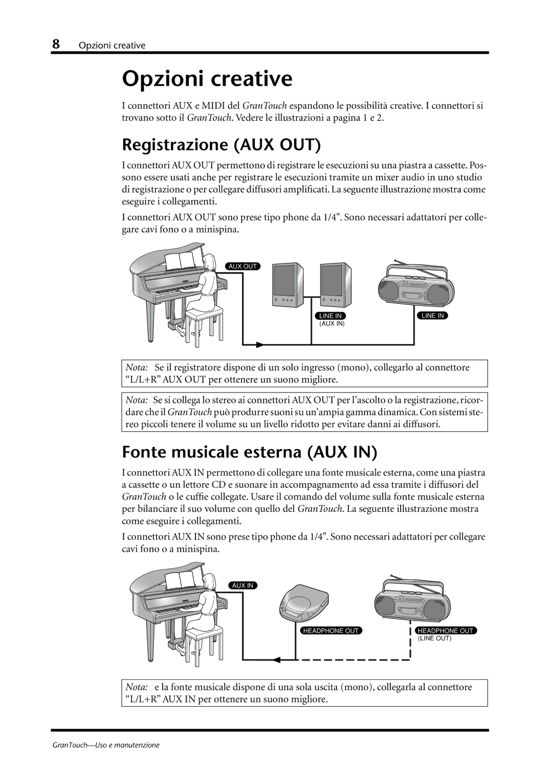 Yamaha GT2, GT1, GT7 owner manual Opzioni creative, Registrazione AUX OUT, Fonte musicale esterna AUX 