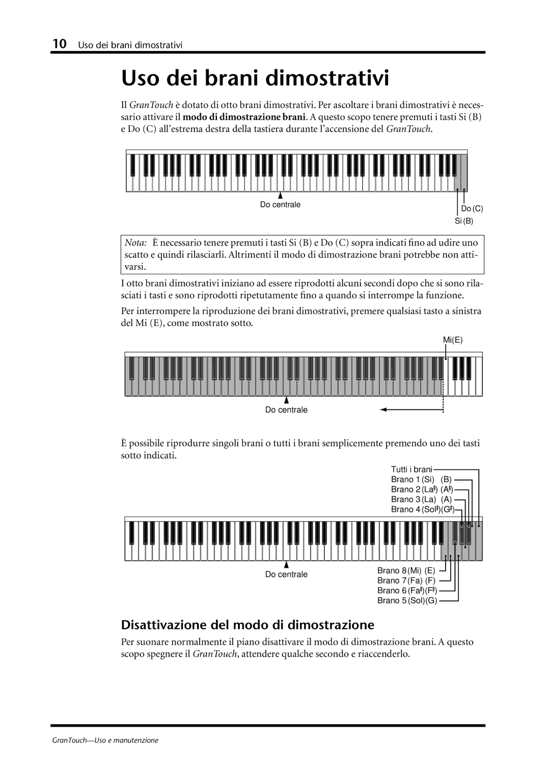 Yamaha GT1, GT2, GT7 owner manual Uso dei brani dimostrativi, Disattivazione del modo di dimostrazione 