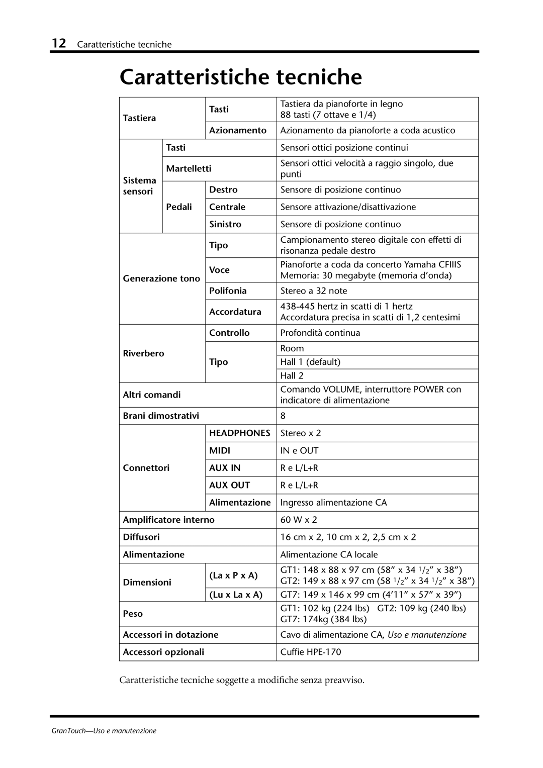 Yamaha GT7, GT1, GT2 owner manual Caratteristiche tecniche, Aux Out 