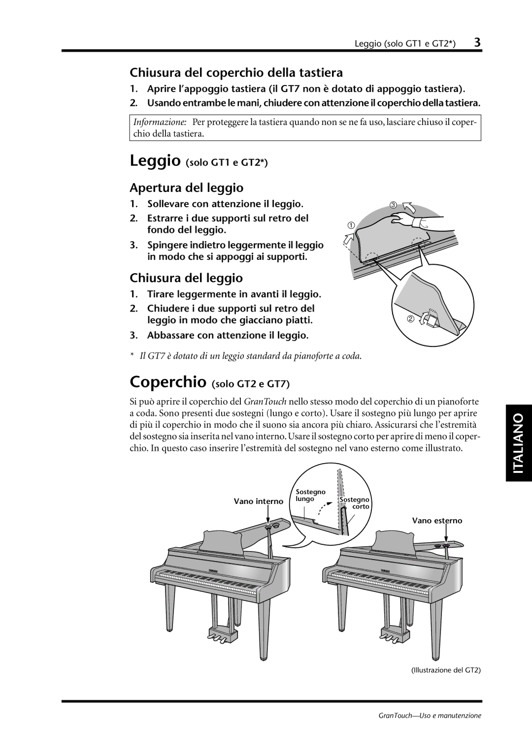 Yamaha GT7, GT1, GT2 owner manual Chiusura del coperchio della tastiera, Apertura del leggio, Chiusura del leggio 