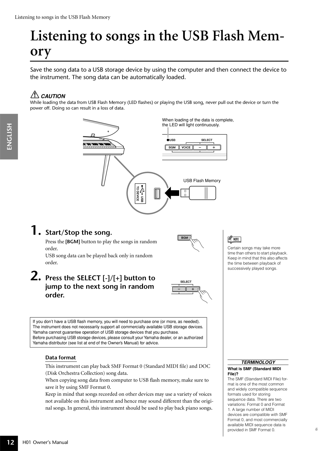 Yamaha H01 Listening to songs in the USB Flash Mem- ory, Start/Stop the song, Data format, What is SMF Standard Midi File? 