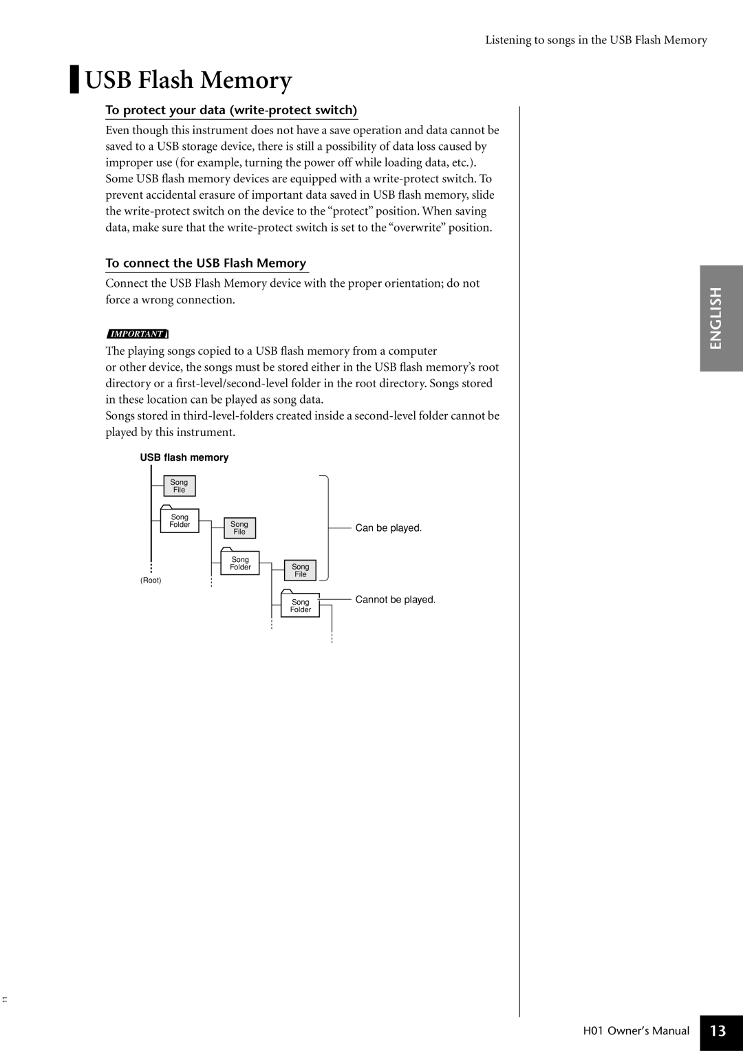 Yamaha H01 owner manual To protect your data write-protect switch, To connect the USB Flash Memory, USB ﬂash memory 