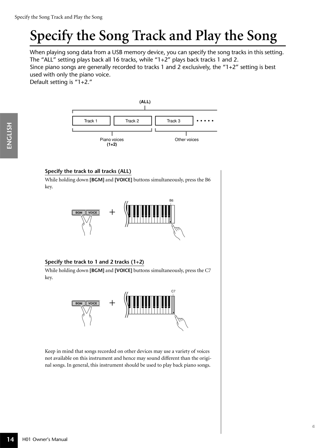 Yamaha H01 owner manual Specify the Song Track and Play the Song, Specify the track to all tracks ALL 