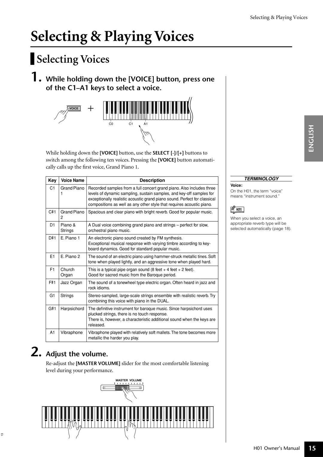 Yamaha H01 owner manual Selecting & Playing Voices, Selecting Voices, Key, Description 