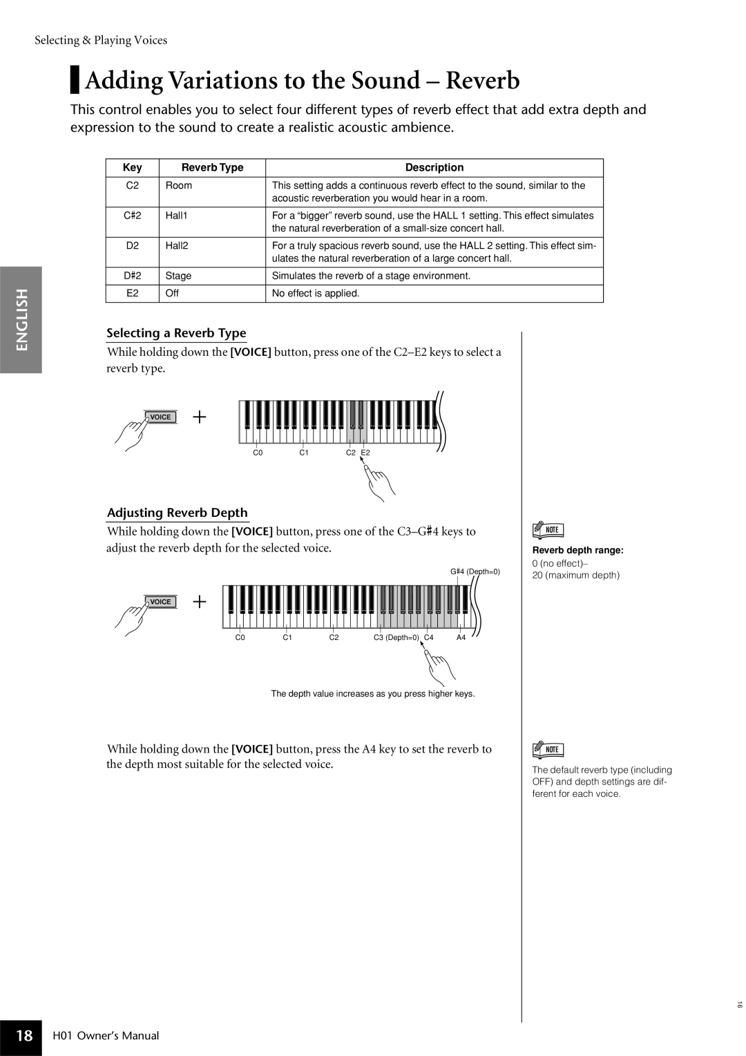 Yamaha H01 Adding Variations to the Sound Reverb, Selecting a Reverb Type, Adjusting Reverb Depth, Reverb depth range 