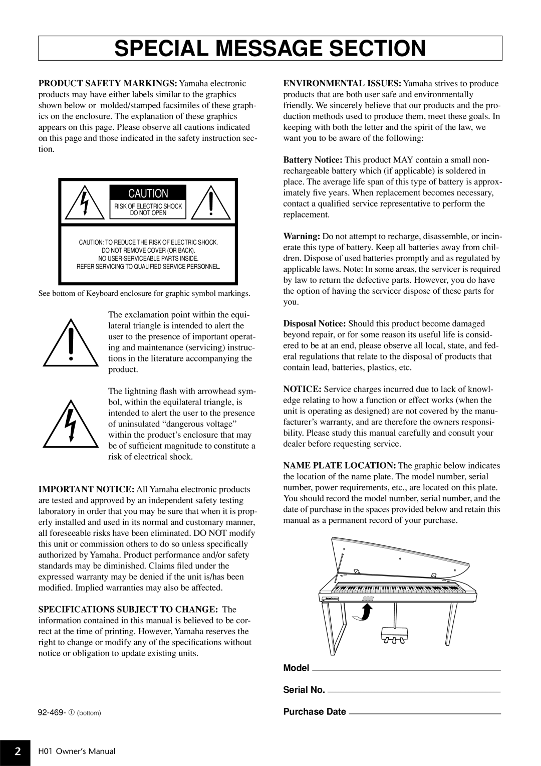 Yamaha H01 owner manual Special Message Section 