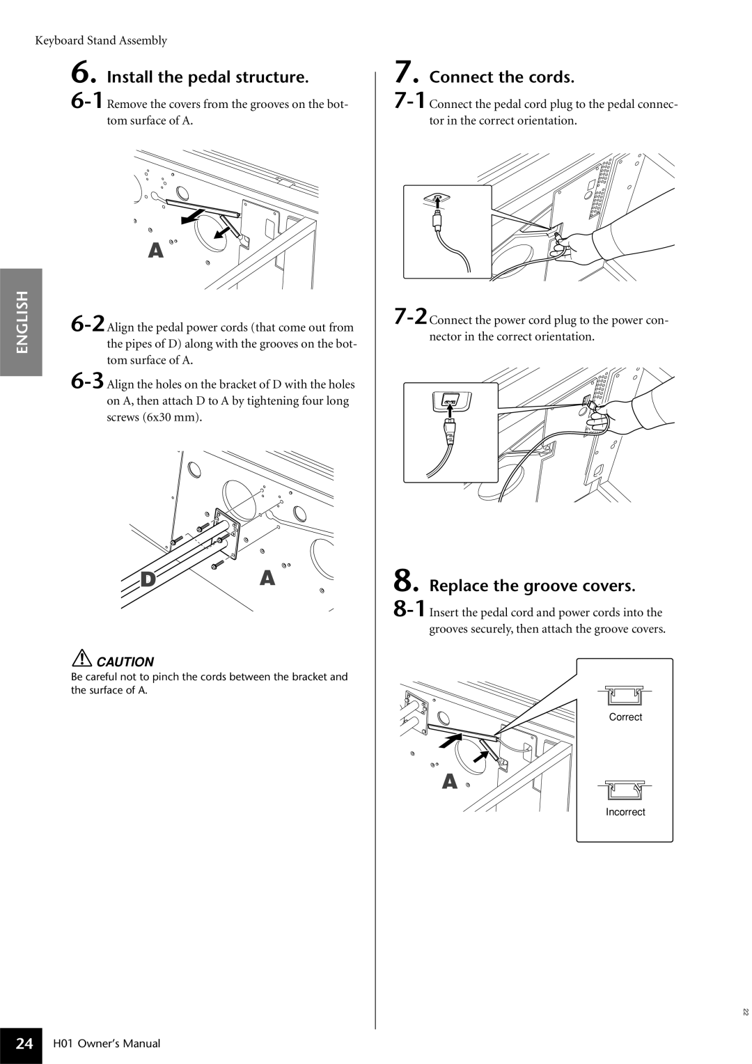 Yamaha H01 owner manual Install the pedal structure, Connect the cords, Replace the groove covers 