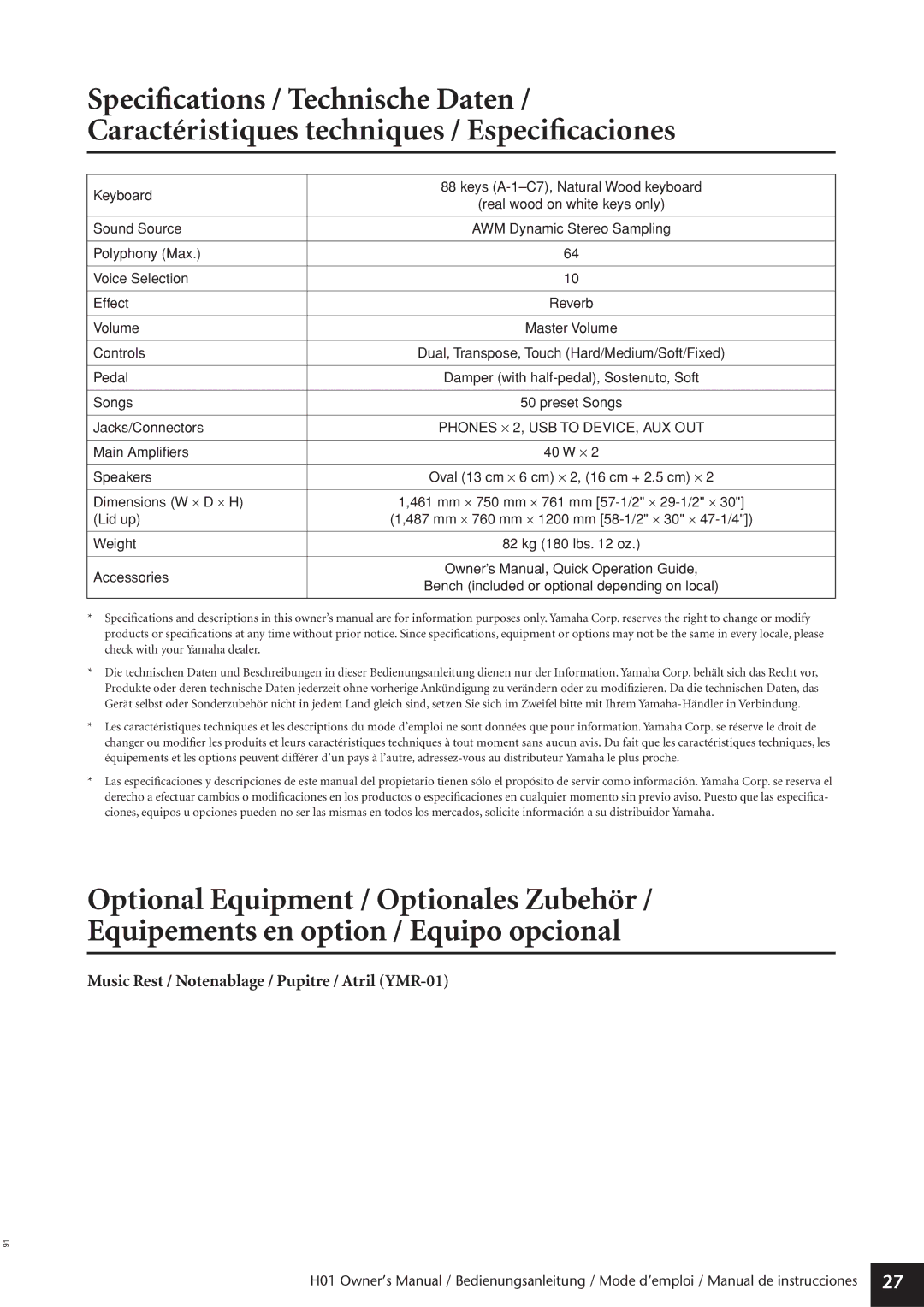 Yamaha H01 owner manual Music Rest / Notenablage / Pupitre / Atril YMR-01 