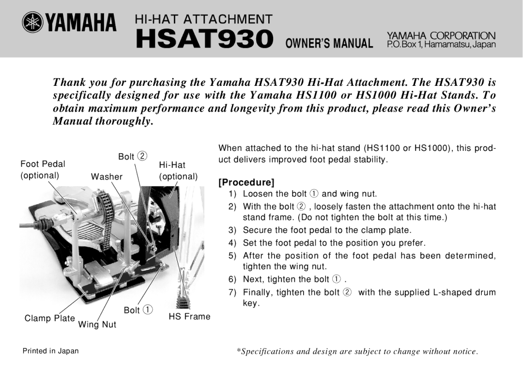 Yamaha HSAT930 owner manual HI-HAT Attachment, Procedure 