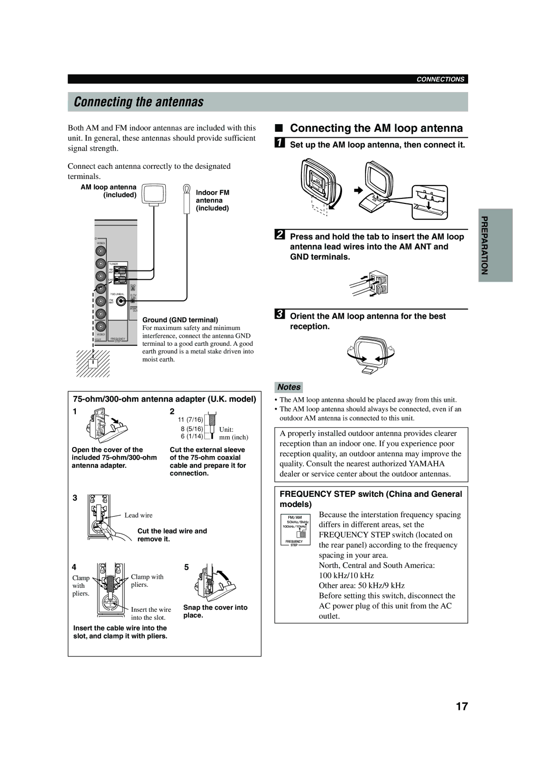 Yamaha HTR-5560 Connecting the antennas, Connecting the AM loop antenna, Frequency Step switch China and General, Models 