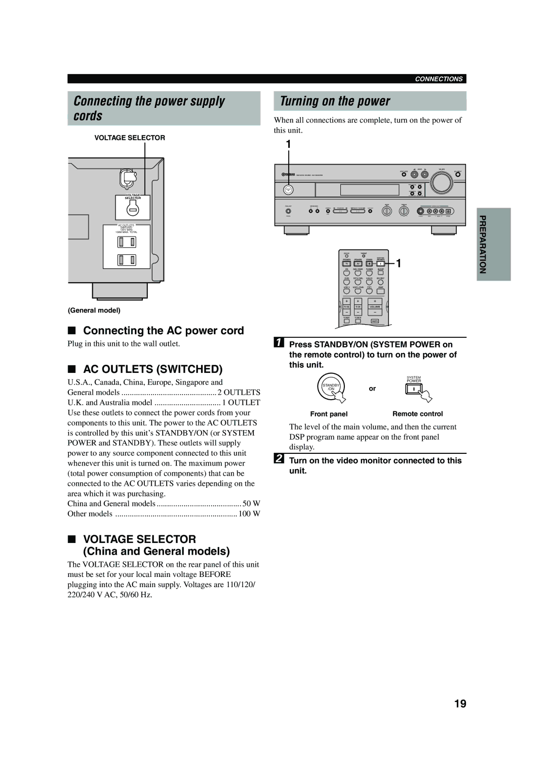 Yamaha HTR-5560 owner manual Connecting the power supply Cords, Turning on the power, Connecting the AC power cord 