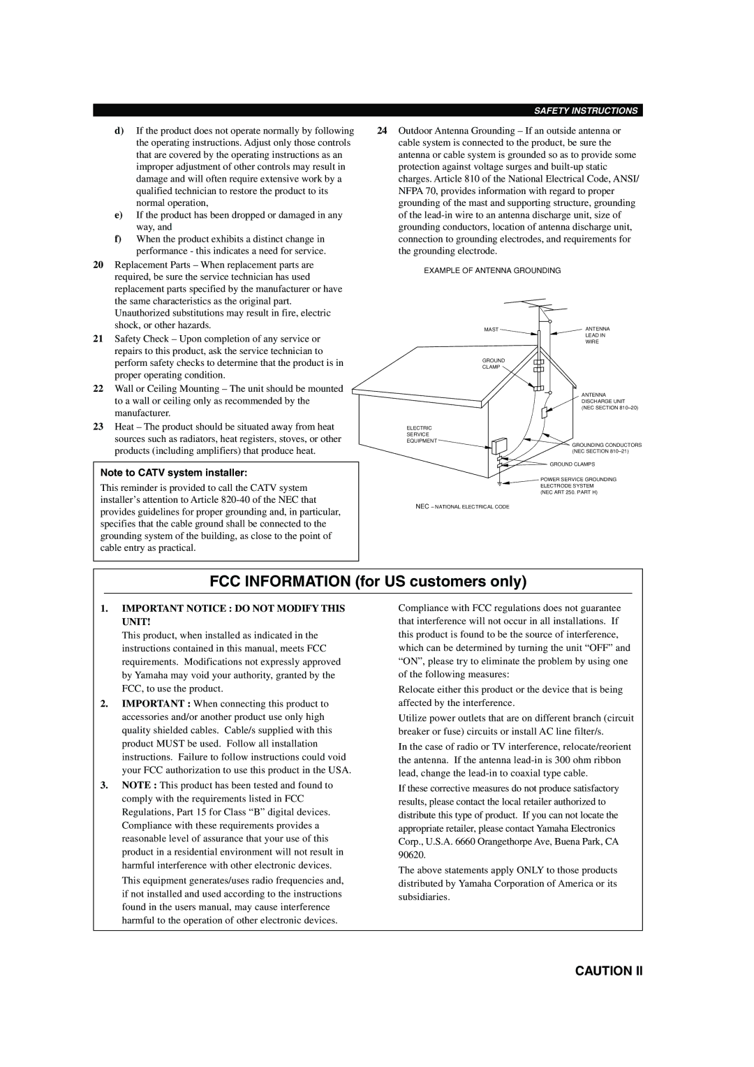 Yamaha HTR-5560 owner manual FCC Information for US customers only, Example of Antenna Grounding 