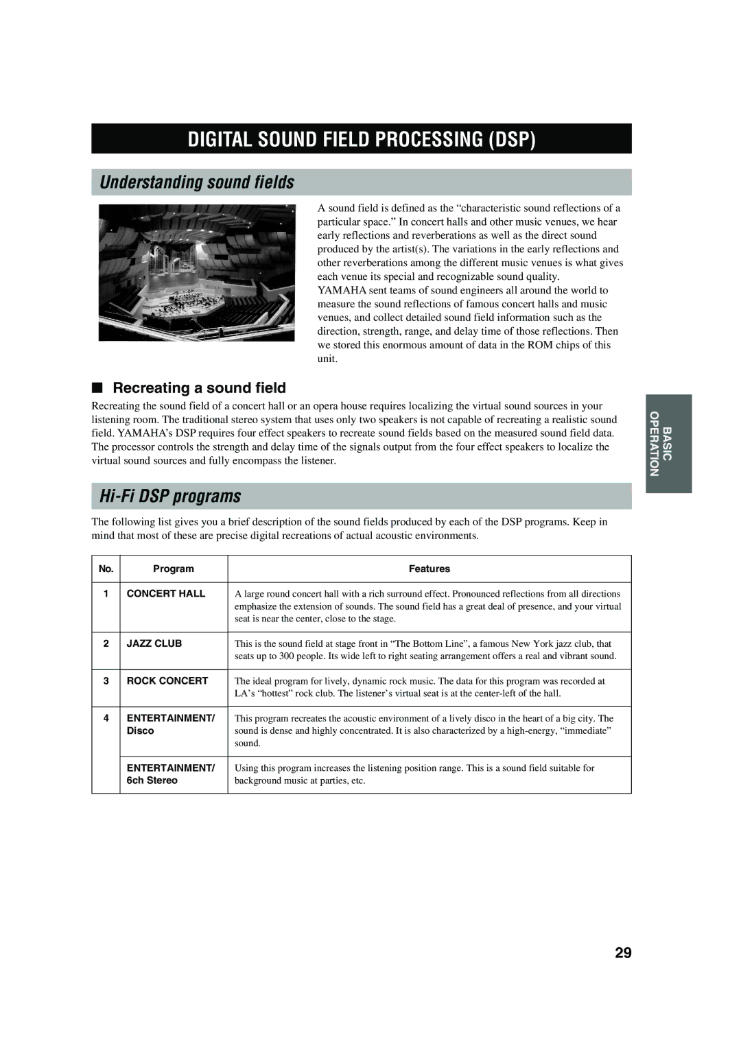 Yamaha HTR-5560 owner manual Digital Sound Field Processing DSP, Understanding sound fields, Hi-Fi DSP programs 